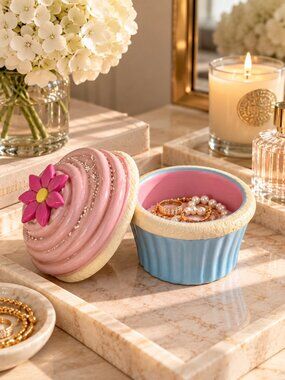 Cupcake Ceramic Trinket Jewelry Box Pink Blue Flower Whimsical Decor